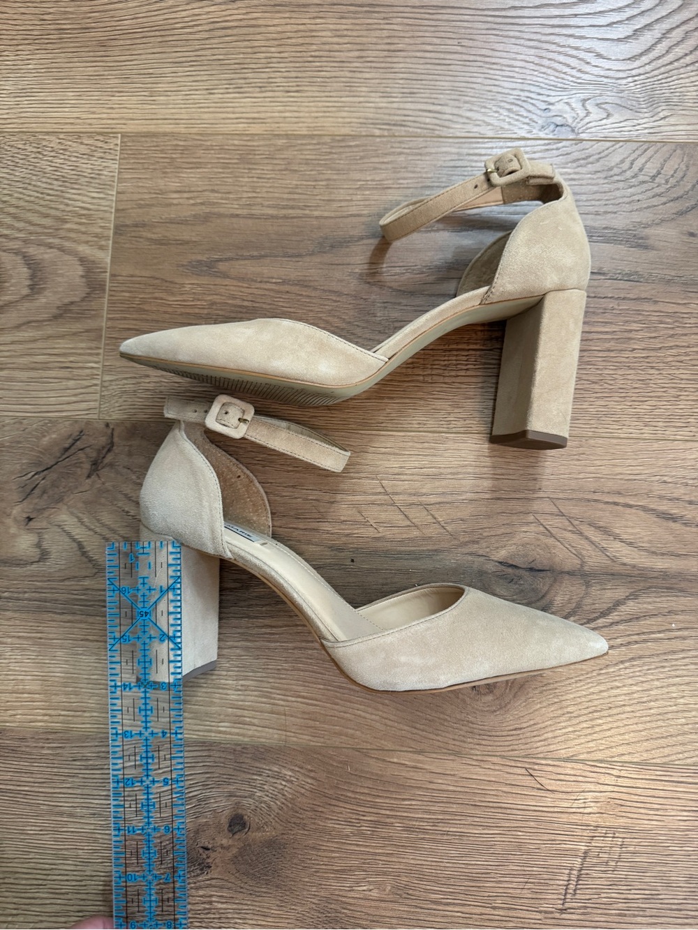 Alex Marie Nude Suede Pointed-Toe Ankle Strap Block Heels Size 8.5